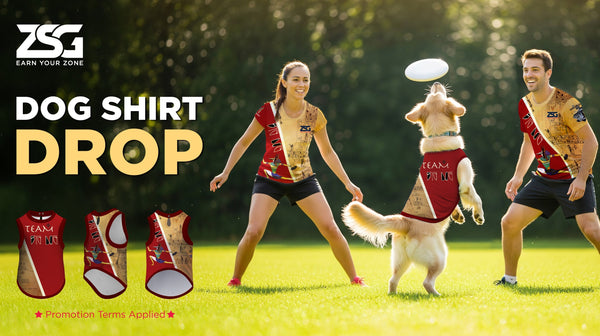 2 ultimate players playing disc with a dog in a custom dog shirt