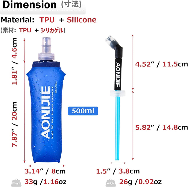 Soft Flask Collapsible Water Bottle Running Soft Gel Flask Reservoir Handheld Folding TPU 250 500Ml for Hydration Pack Hiking Cycling Climbing (500Ml/16.9Oz - 2 Pack with 2 Speed Straws)