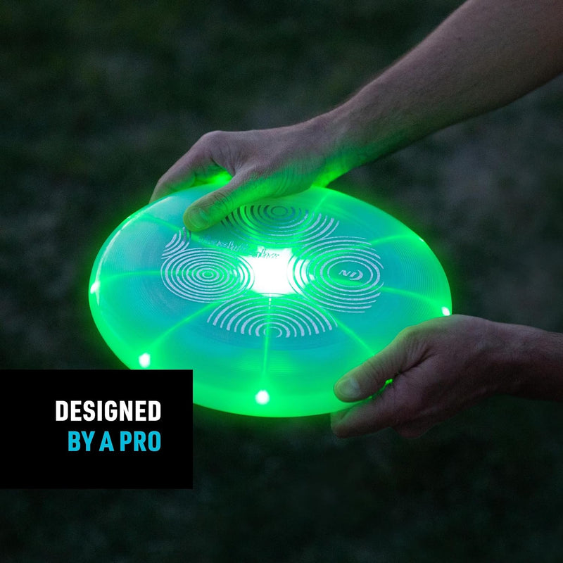 Flashflight Light up Flying Disc - Family Game Night Fly Disc Toy - LED Disc with Replaceable Batteries - Family Game Night Accessories with Light - Green