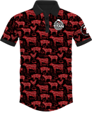 A red and black disc golf jersey with a pattern that resembles butchered meat cuts. Free team mockups available.