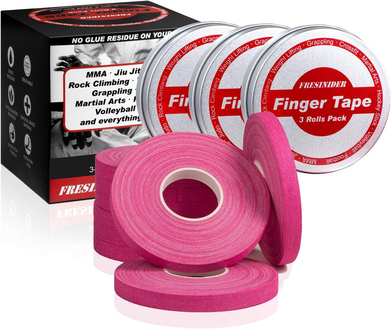 Finger Tape - Strong Athletic Tape | 0.3” X 45 Feet (9 Pack) Tin Set | No Sticky Residue | for Rock Climbing, BJJ Jiu Jitsu, Grappling, Judo, MMA, Rock Climbing and Martial Arts (Pink)